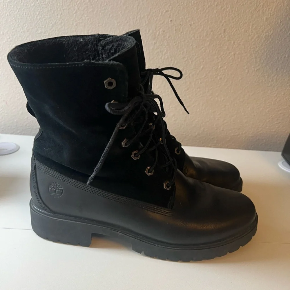 Timberland Warm-Lined Waterproof Roll-Top Boot Black Leather Lug Sole Size 9.5